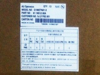 G190ETN01.0    Contraluz de la PULGADA WLED de AUO 19,0, parte superior I/F, 12S4P mate WLED, horas 30K, sin el conductor